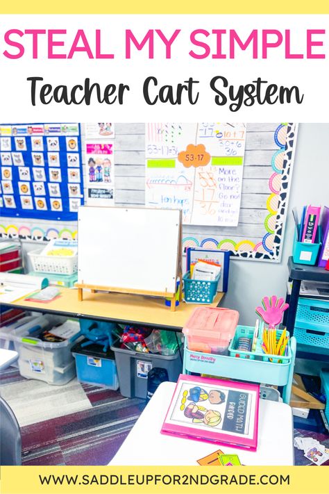 Do you use a teacher cart? I couldn’t live without mine! In this blog post, I’m sharing my super simple teacher cart organization system that you can use too! #classroomorganization #teachercart #3tiercart Type A Teacher Organization, Small Group Cart Organization, Teacher Cart Organization, Small Group Cart, Teacher Carts Organization, Teacher Rolling Cart, 3 Tier Cart, Cart Organization, Teacher Cart