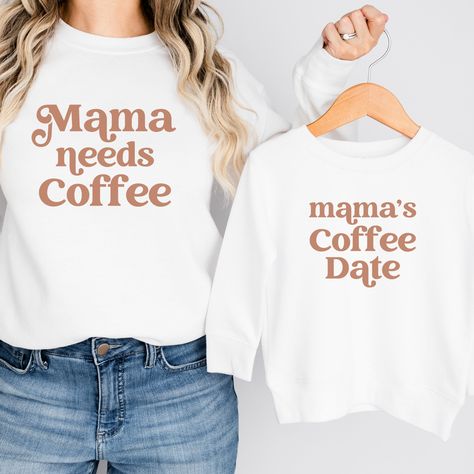 Mommy and Me Sweatshirt or T-shirt for your loved ones a gift that'll make them smile all season long. with this gift for Mom! This Design includes Mama needs coffee and Mama Coffee date . They are perfect for any occasion and comes in a variety of colors.**This is for an individual Item, to purchase 2 or more items add each to your cart individually via Dropdown**   Please make sure to select the correct item from the dropdown (sleeve length). Some thumbnails/pictures are sweatshirts, T-shirts, Matching Mama And Son Shirts, Mommy And Me Cricut Shirts, Mom And Mini Me Shirts, Mommy And Me Shirts Daughters, Mommy And Me Sweatshirt, Mommy Daughter Shirts, Mommy And Me Tshirts, Mama And Me Shirts, Mom And Me Outfits