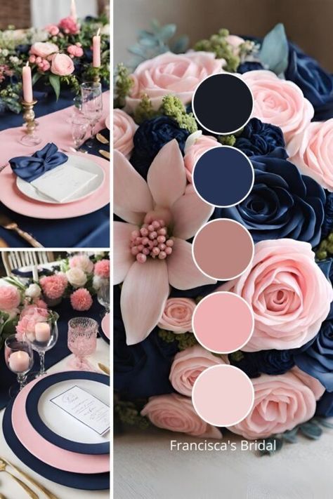 Blue Wedding Color Palette Ideas: 10 Beautiful Blue Wedding Color Ideas - Francisca's Bridal Quinceanera Color Palette, Mixed Shades Of Blue Wedding, Cute Wedding Themes Colors, Wedding Combination Colors, Pink And Blue Wedding Palette, White Blue And Pink Wedding, Pink Wedding Colour Palettes, Cute Wedding Colors, Wedding Colors With Blue