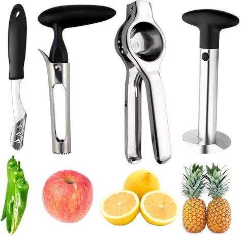 As I teach my husband to cook these tools help the prep work easy and quick. He loves useing them because he says they ensure he is getting all of the best parts lol. #paidbuttrue #Amazonlink #affiliatelink Lemon Press, Strawberry Huller, Pineapple Corer, Jalapeno Pepper, Apple Corer, Pineapple Rings, Apple Peeler, Manual Juicer, Lemon Squeezer