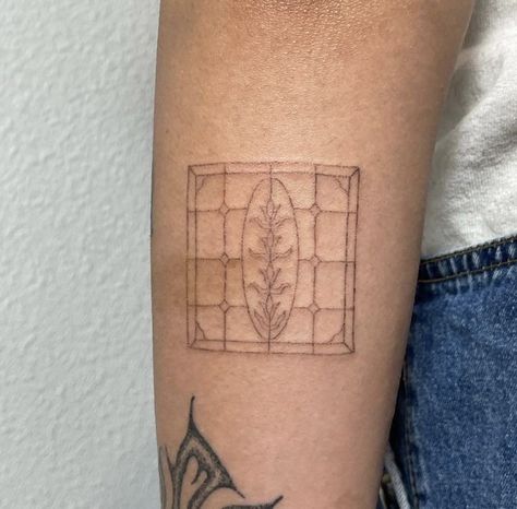 Stained Glass Window Tattoos, Stained Window Tattoo, Stainglass Tattoo Ideas, Small Window Tattoo, Stained Glass Window Tattoo Design, Window Pane Tattoo, Stained Glass Tattoo Design, Black And White Stained Glass Tattoo, Stained Glass Tattoo Black And White