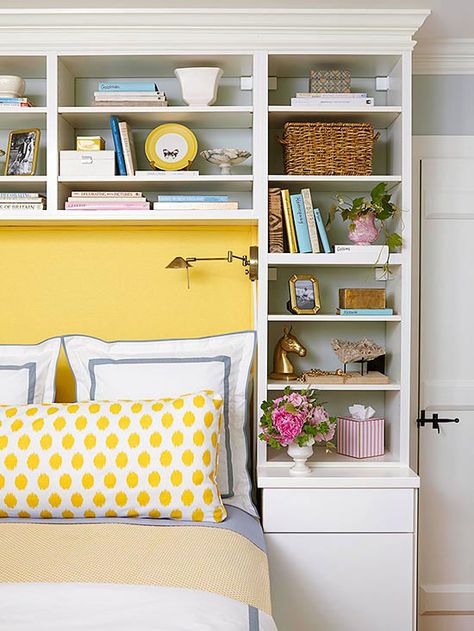 The space around the head of your bed is a great place to store books and other small items. More bedroom storage solutions: http://www.bhg.com/decorating/storage/projects/bedroom-storage-solutions/?socsrc=bhgpin111413bedroomshelves&page=1 Shelf Headboard, Storage Solutions Bedroom, Bedroom Idea, Headboard Storage, Remodel Bedroom, Beautiful Bedrooms, Bedroom Storage, Ikea Hack, Wall Color