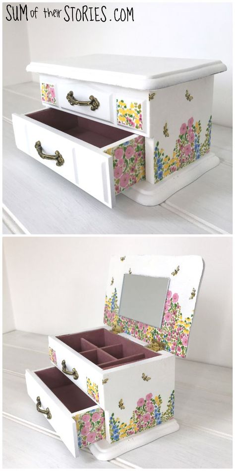 Jewellery Box Makeover Jewelry Box Painting, Jewelry Box Painting Ideas, Spray Chalk Paint, Wrapping Gifts Ideas Creative, Wrapping Gifts Ideas, Box Painting Ideas, Tall Jewelry Box, Gift Packing Ideas, Wooden Box Crafts