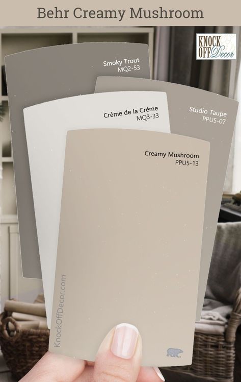 Behr Creamy Mushroom Review + My 30 Favorite Coordinating Color Palettes Check more at https://creativedecordesign.com/2024/06/28/behr-creamy-mushroom-review-my-30-favorite-coordinating-color-palettes/ Maybe Mushroom Paint Color, Coordinating Interior Paint Colors, Creamy Grey Paint Colors Behr, White Taupe Paint Color, Light Taupe Color Palette, Taupe Color Palettes Kitchen, Beige Paint For Nursery, Mocha Light Behr Paint, Parisian Taupe Behr