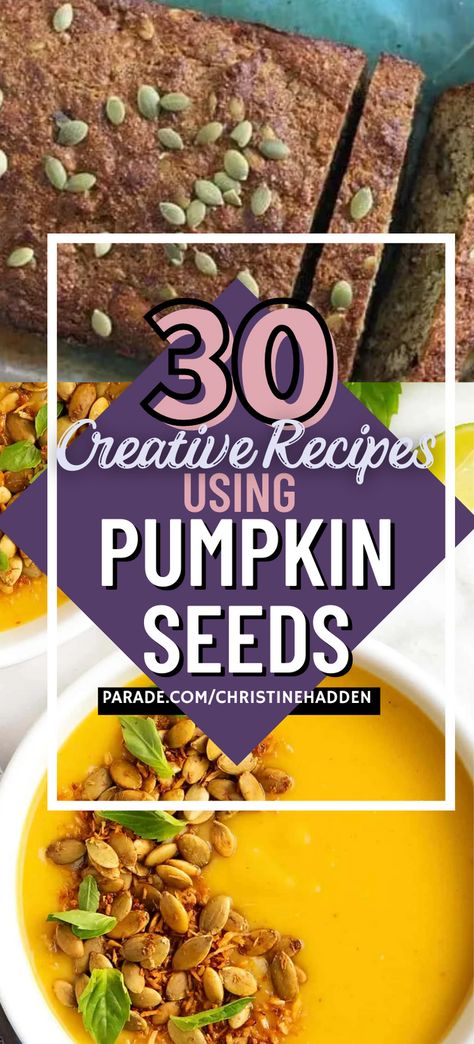 Don't toss those pumpkin seeds when hollowing out your jack-o-lantern this fall. Pumpkin seeds can be used not just as crunchy salad toppings but also in smoothies, in pesto, pumpkin soups, pumpkin breads, even as a coating for pork chops. This collection contains 30 recipes using pumpkin seeds. Recipes Using Pumpkin Seeds, Recipes With Pumpkin Seeds, Recipes Using Pumpkin, Crunchy Salad Toppings, Pumpkin Breads, Pumpkin Seeds Baked, Pumpkin Overnight Oats, Seed Recipes, Vegan Pumpkin Recipes