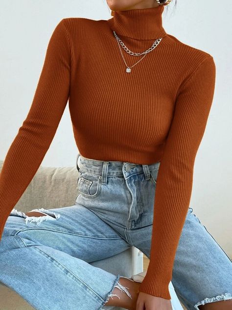 SHEIN Mulvari Turtleneck Ribbed Knit Sweater Without Necklace | SHEIN USA Brown Turtleneck Outfit, Turtleneck Outfit, Coffee Sweater, Pullover Outfit, Sweater Collection, High Neck Long Sleeve, Ribbed Knit Sweater, Knit Jumper, Look Chic