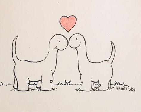 "Dinosaurs in Love! Adorable? Of course. This one-of-a-kind hand-drawn card is the perfect special gift for an anniversary, birthday, Valentine's Day or just a general sign of affection. It's a piece of original art in itself. Altogether...\"Awwwwww.\"   Each individually drawn card is  5 x7 on cream stock and comes with it's own envelope." Hand Drawn Cards Valentines, Sweet Doodles For Him, 3 Year Anniversary Scrapbook, Love Card For Boyfriend, Cute Posters For Boyfriend, Cute Drawing For Bf, Cute Love Doodles For Him, Anniversary Doodles, Cute Romantic Drawings