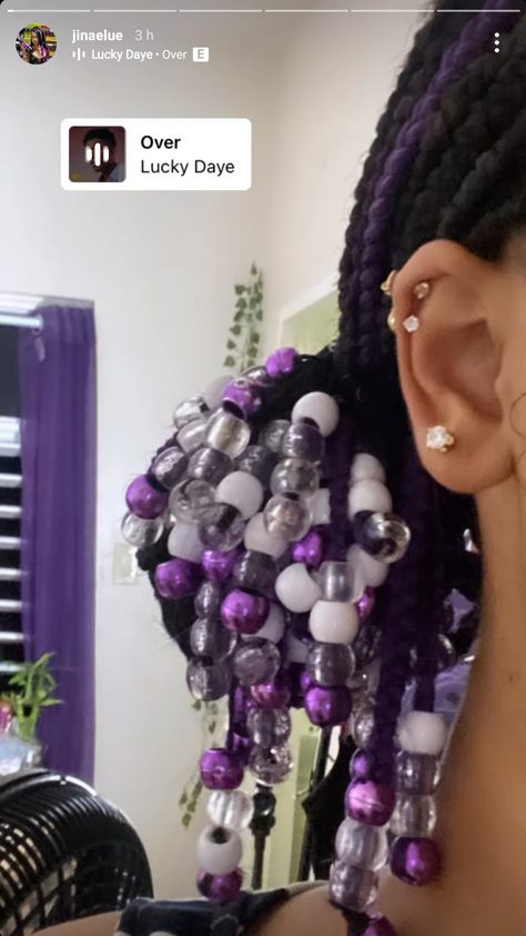 Purple Beads Braids, Purple Braids Aesthetic, Natural Hair Box Braids With Beads, Colorful Box Braids With Beads, Purple Peekaboo Braids With Beads, Black And Purple Braids With Curls, Bead Combos For Hair, Purple Box Braids With Beads, Black And Purple Braids With Beads