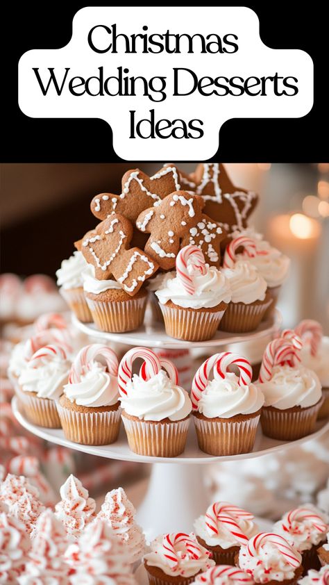 Festive Christmas wedding desserts including gingerbread cookies and candy cane cupcakes. Christmas Desserts Table Display, Christmas Cupcakes Elegant, Christmas Wedding Dessert Table, Candy Cane Cupcakes, Wedding Dessert Ideas, Christmas Dessert Table, Treat Table, Winter Celebration, Desserts Ideas