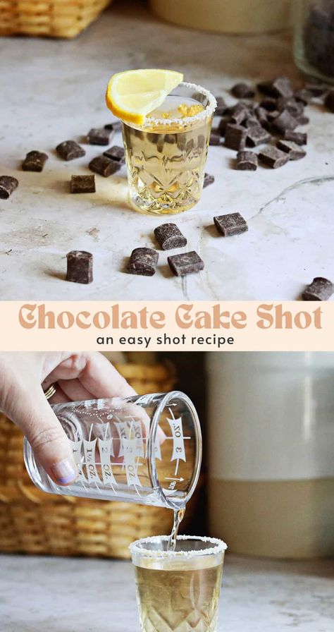 Chocolate Cake Shot - A Beautiful Mess Chocolate Cake Shot, Easy Shot Recipes, Cake Shot, Chocolate Vodka, Cake Shots, German Cake, Vanilla Vodka, German Chocolate Cake, Shot Recipes