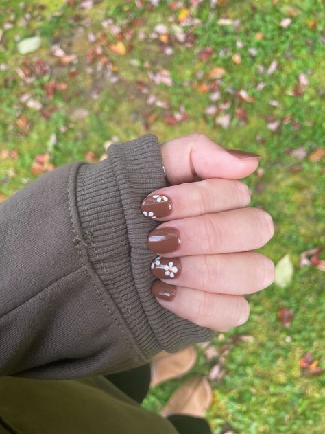 Brown Nails White Flowers, Brown Daisy Nails, Short Nail Ideas Brown, Brown Nail Short, Brown Short Nails Design, Brown Nails With Flowers, Brown Flower Nails, Short Floral Nails, Brown Nails Short