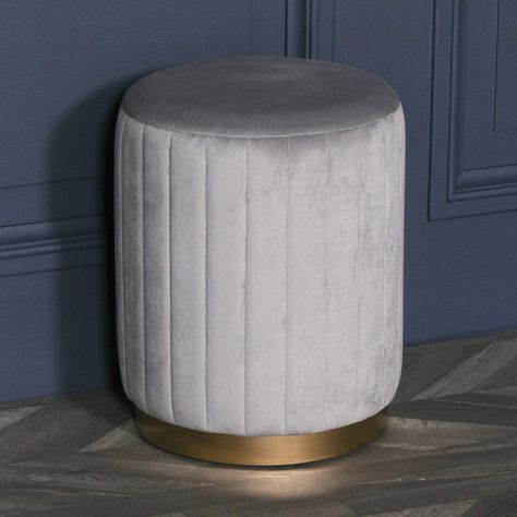 Velvet Footstool, Velvet Stool, Opulent Interiors, Dressing Table Vanity, Reproduction Furniture, Round Stool, Living Room Spaces, Vanity Table, Grey Velvet