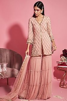 Buy Sanya Gulati Designer Sarees, Lehengas, Anarkalis, Kurtis Checkered Embroidery, Indian Trends, Gorgeous Lehengas, Pink Sharara, Sharara Designs, Indian Bridesmaids, Sharara Pants, Desi Style, Designer Party Wear Dresses