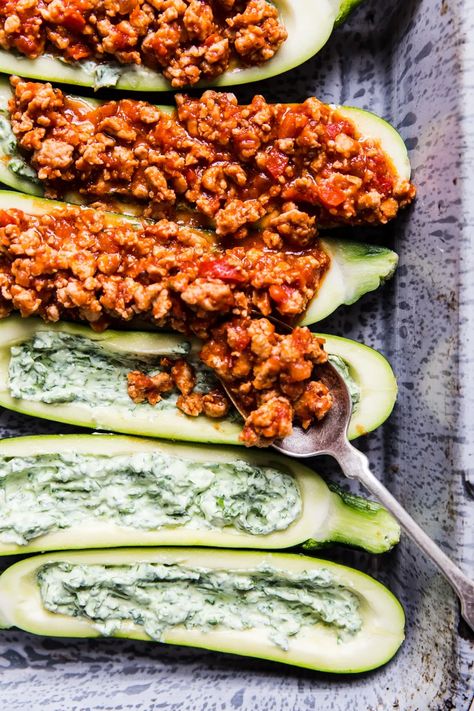 Pyrex Dinner Recipes, Zucchini Meatball Boats, Zucchini Fall Recipes, Lasagna Stuffed Zucchini, Stuffed Zucchini Boats, The Modern Proper, Modern Proper, Stuffed Zucchini, Zucchini Boats