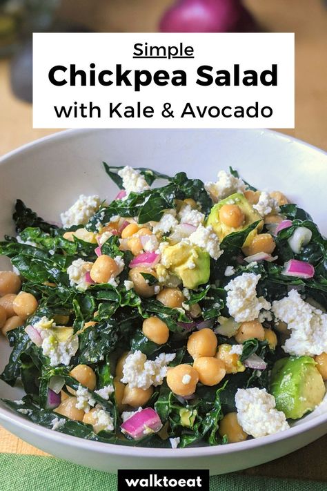 Chickpea chopped kale salad recipe with avocado. This delicious salad is perfect as a healthy appetizer or a filling meal! Salad Recipe With Chickpeas, Chickpea Avocado Salad, Recipe With Chickpeas, Avocado Chickpea, Chickpea Avocado, Quick Lunch Recipes, Kale Salad Recipes, Salad With Avocado, Salad Meal Prep