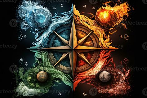 Four elements compass. Generative AI. Colorful magical fantasy compass, four elements earth, fire, water, air. Earth Element Symbol, 5 Elements Of Nature, Earth Fire Water Air, Nature Symbols, Earth Air Fire Water, Elements Earth, Elements Tattoo, Earth Wind & Fire, Elemental Magic