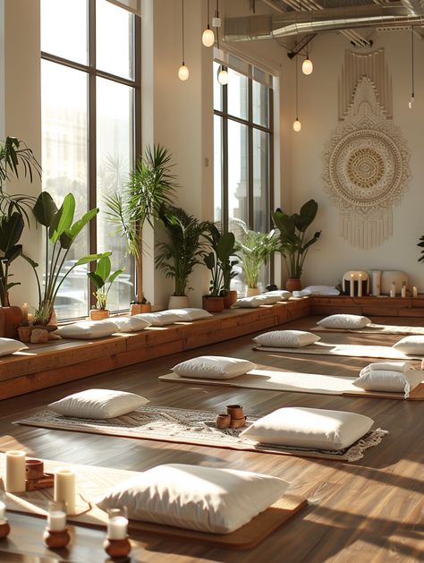 10 Relaxing Yoga Studio Design Inspirations – TastyInteriors Yoga Room Setup, Yoga Studio Set Up, Dream Yoga Studio, Natural Yoga Studio, Bohemian Yoga Studio, Yoga Design Interior, Earthy Massage Room, Meditation Center Design, Yoga Shala Design