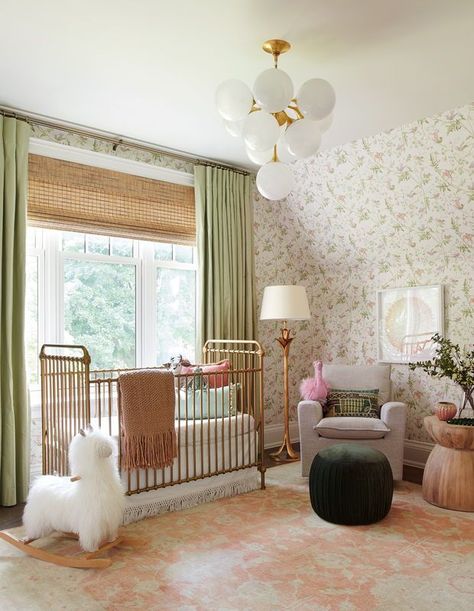 In Sage’s bedroom, soft surfaces and pale colors are complemented by pretty wallpaper and a sleek brass ceiling fixture. | Photographer: Alex Lukey | Designer: Hali MacDonald, Architecture by Gren Weis Architect & Associates Bubble Design, Nursery Room Design, Girl Nursery Room, Baby Room Inspiration, Nursery Room Inspiration, Baby Room Design, Entryway Kitchen, Nursery Baby Room, Nursery Wallpaper