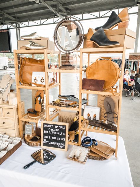 Bamboo plant stand repurposed as a farmers market display for shoes, bags, jewelry, and small leather goods Vendor Booth Display Ideas For Bags, Small Market Booth Display, Bag Vendor Display, Indoor Craft Market Stall Ideas, Small Business Bags Ideas, Market Stall Bag Display, Bags Stand Ideas, Market Displays Booth Ideas Clothing, Plant Vendor Booth Display Ideas