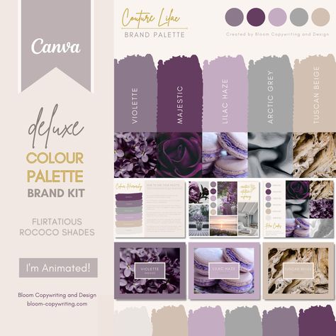 Deluxe Brand Palette  | Editable Canva Colour Palette with Hex Codes | Small Business Branding Kit | Elegant Lavender Colour Palette | Purple, Lilac, Grey and Beige Colour Palette Couture Lilac Deluxe Brand Colour Palette with Hex Codes Get a fresh new business look in just one click, with this clever deluxe palette kit in Couture Lilac. With a mix of deep purple, lilac, grey and beige shades, you can add a touch of lavender loveliness to your rebrand in seconds - and own a gorgeous visual guide Heather Grey Color Palette, Beige And Purple Bedroom, Lilac And Brown Aesthetic, Purple And Beige Aesthetic, Purple And Beige Color Palette, Purple And Beige Bedroom, Lilac Wedding Palette, Dusty Purple Color Palette, Purple And Neutral Palette