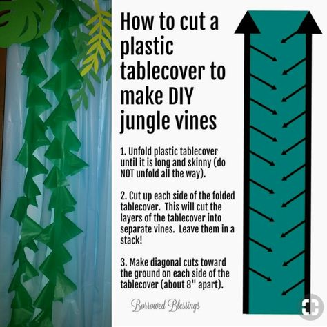 Backdrop diy Part3- green table cloth cut into strips. Instructions were found on pinterest. Jungle Backdrop Diy, Jungle Decorations Diy Safari Theme, Diy Vines Paper, Ocean Vbs Decorations, Green Table Cloth, Jungle Vbs, Ocean Vbs, Scuba Vbs, Jungle Theme Classroom