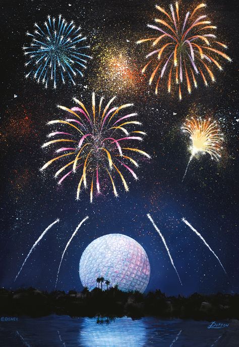 Epcot Iphone Wallpaper, Epcot Painting, Disney Scenes, Disney World Merchandise, Firework Painting, Disney Fireworks, Fireworks Art, Disney Paintings, Disney Artists