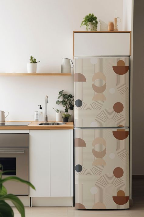 Fridge With Wallpaper, Fridge Door Decor, Hide Refrigerator, Wallpaper On Fridge, Vinyl Wrap Fridge, Fridge Decoration Ideas, Fridge Wallpaper, Fridge Top Decor Ideas, Fridge Top Decor