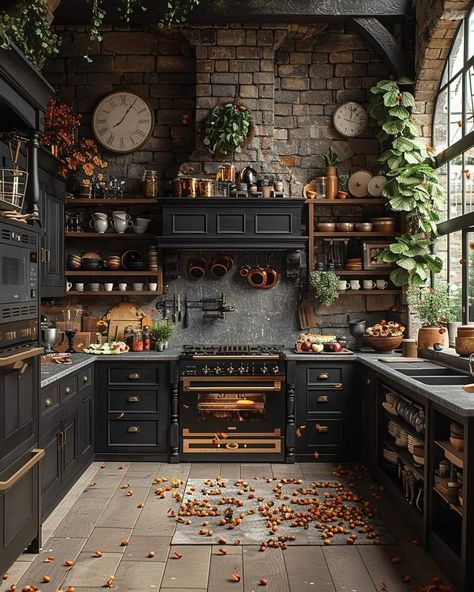 Witch Kitchen Aesthetic, Kitchen Witch Aesthetic, Forest Kitchen, Casas Country, Gothic Kitchen, Makeover Kitchen, Green Kitchen Cabinets, Dark Home Decor, Kitchen Aesthetic