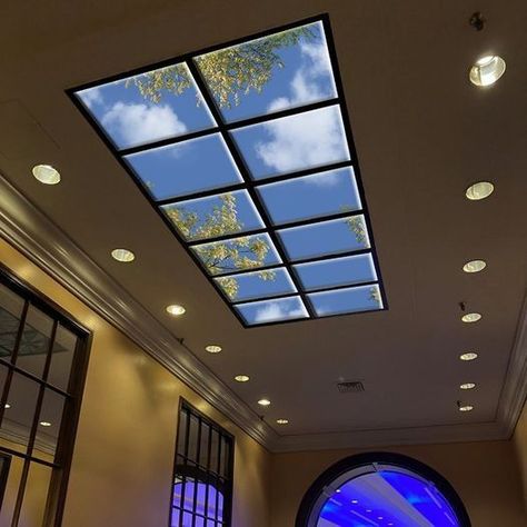 Artificial Skylight Ceiling in lobby is the perfect lighting solution for a windowless space. Artificial Skylight, Artificial Sunlight, Modern Skylights, Ceiling Window, Happy Crafts, Sky Ceiling, Sky Lights, Office Ceiling, Open Ceiling