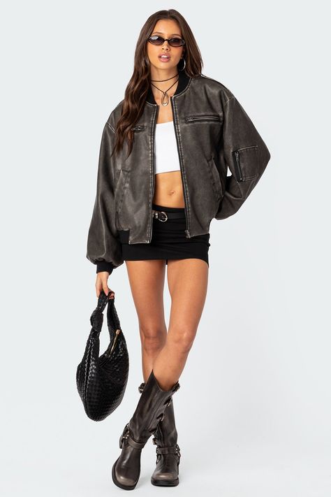 Vava Washed Faux Leather Bomber Jacket – edikted Edgy Jeans, Edgy Outfit, Leather Jacket Outfits, Y2k Outfits, Trendy Shorts, Mein Style, Going Out Outfits, Fashion Studio, Mixing Prints