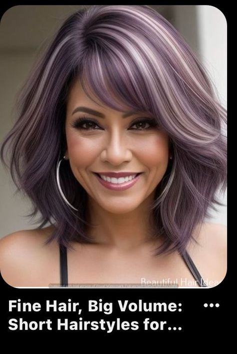 Subtle Pop Of Color In Hair, Medium To Short Bob Hairstyles, Hair Color Over 50 Women, Plum Hair With Highlights, Hair Color Ideas For Women Over 50, Brown And Purple Hair, Blonde And Purple Hair, Cheveux Courts Funky, Black And Silver Hair