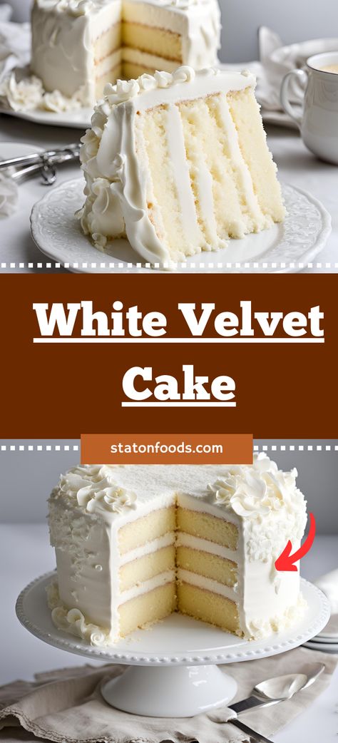 Indulge in the luxurious, fluffy goodness of a White Velvet Cake! This recipe delivers a tender, moist cake with a rich vanilla flavor, topped with creamy buttercream frosting. Perfect for birthdays, weddings, or any special occasion. Follow the step-by-step instructions to create a stunning and delicious dessert that will impress your guests. Pin now and save this recipe for your next baking adventure! White Velvet Cupcakes, Vanilla Velvet Cake Recipe, Vanilla Velvet Cake, White Vanilla Cake Recipe, Best Wedding Cake Recipe, Wedding Cake Recipes Homemade, Salmon Cake Recipes, White Velvet Cake Recipe, White Chocolate Cake Recipe