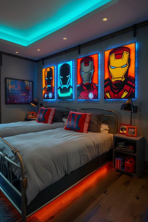 Iron Man Themed Bedroom with Illuminated Art Little Boy Decor Bedroom Ideas, Junior Boys Bedroom Ideas, Power Ranger Bedroom Ideas, Marvel Interior Design, 5 Year Boys Room Ideas, Marvel Bed Room, Kids Boys Room Ideas, Super Hero Bedroom Ideas For Boys, Captain America Room Ideas Boy Bedrooms