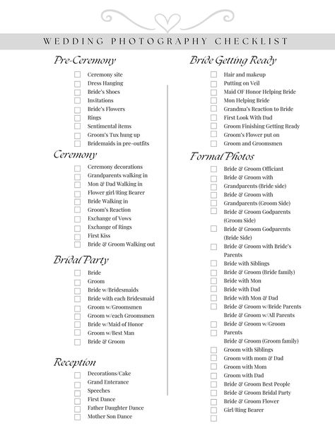 Photographer Checklist For Wedding, Order Of Photography For Wedding, To Do Wedding Checklist, Wedding Pictures List For Photographer, Photographer List For Wedding, Photography Timeline For Wedding, Wedding Photo Checklist Printable, Wedding Photo List Must Have, Wedding Picture Ideas List