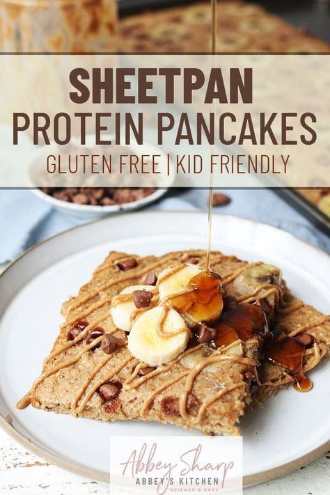 These Sheet Pan Protein Pancakes with PB, Chocolate  Banana are a gluten free, EASY, kid-friendly and nutritious way to make pancakes without having stand over the pan to flip each pancake! Gluten Free Protein Sheet Pan Pancakes, Healthy Sheet Pan Pancakes, High Protein Sheet Pan Pancakes, Protein Pancake Bake, Sheet Pan Protein Pancakes, Protein Sheet Pan Pancakes, Gluten Free Protein Pancakes, Sheet Pan Pancakes, Pan Pancakes