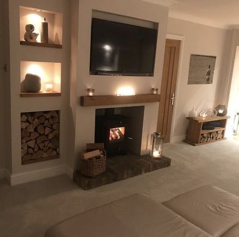 • @hernightskyy • Wood Burning Stoves Living Room, Log Burner Living Room, Storage Living Room, Cosy Living, Living Room Decor Fireplace, Drag Makeup, Cottage Living Rooms, Cosy Living Room, Country Living Room