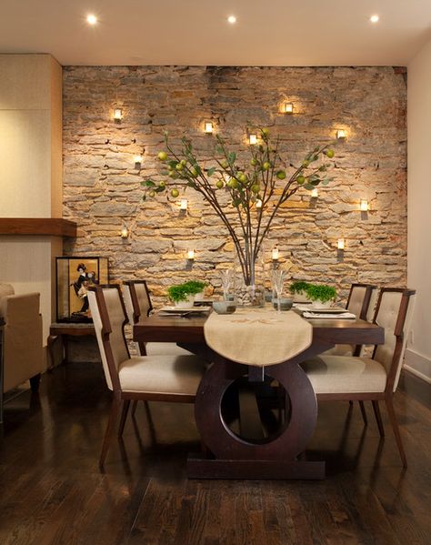 Stone Wall Interior Design, Contemporary Dining Room Design, Stone Walls Interior, Interior Dapur, Dining Room Design Modern, Dining Room Accents, House Interior Living Room, Dining Room Style, Accent Walls In Living Room