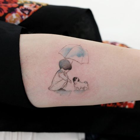 by @tattooist_doy Pug Tattoo Small, Umbrella Tattoo, Tattoos For Women Small Meaningful, Pug Tattoo, Explore Tattoo, Forearm Tattoo Design, Tasteful Tattoos, Tattoo For Son, Japanese Sleeve Tattoos