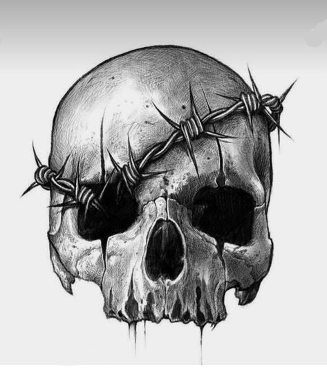 Skull And Barbed Wire Tattoo, Black Skull Tattoo, Skull Art Tattoo, Skull Art Drawing, Creepy Tattoos, Sketch Books, Dark Art Tattoo, Skull Illustration, Skull Tattoo Design