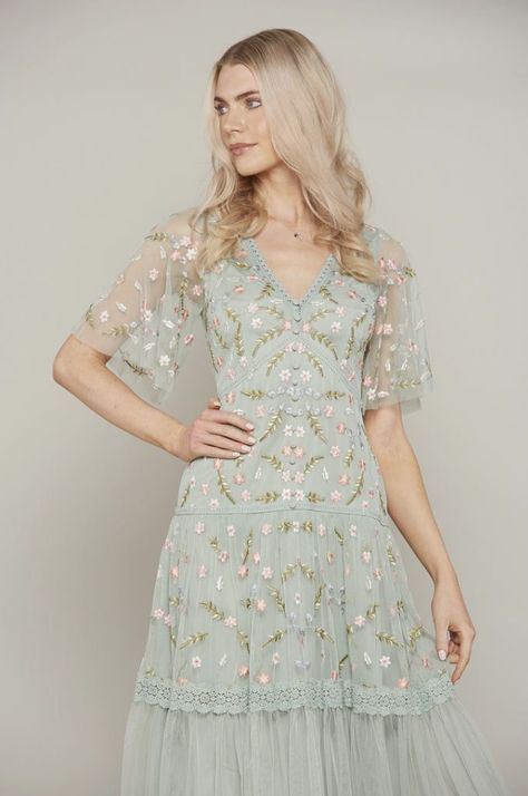 Floral Overlay Dress, Sage Green Embroidered Dress, Embroidered Green Dress, Sage Green Mother Of The Bride Dresses, High Neck Floral Dress, Embroidered Wedding Guest Dress, Boho Dress Wedding Guest, Sage Green Dresses Formal, Embroidered Bridesmaid Dress