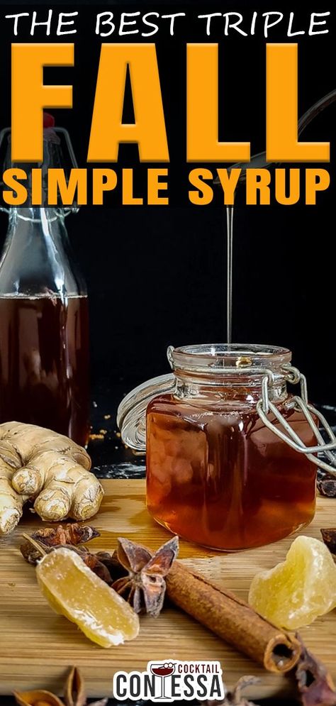 The idea for this fall simple syrup comes from a triple syrup recipe. The concept of a triple simple syrup, made famous by Dale DeGroff, is a blend of white sugar, agave nectar and honey together to make a simple syrup that has more complexity, character and layers than a typical single sweetener simple syrup. | @cocktailcontessa #howtomakesimpelsyrup #fallcocktails #craftcocktails #cocktails Refreshing Drinks Alcohol, Fruity Alcohol Drinks, Simple Syrup Cocktails, Fall Drink Recipes, Honey Simple Syrup, Spiced Drinks, Summer Drinks Alcohol, Party Drinks Alcohol, Cocktail Syrups