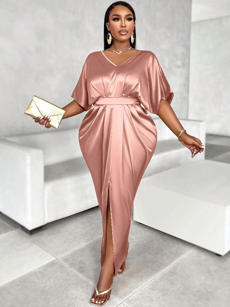 Pleated Kaftan Sexy Dress Pink Elegant  Short Sleeve Fabric Plain Fitted Non-Stretch  Women Plus Clothing, size features are:Bust: ,Length: ,Sleeve Length: Plus Size Prom, Rose Bonbon, Plus Size Prom Dresses, Medieval Fashion, Shirt Dress Style, 80 Dress, Maxi Dresses Casual, Dress Pink, Elegant Dress