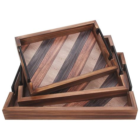 PRICES MAY VARY. 【EXQUISITE CRAFTSMANSHIP】The wooden trays are made of natural wood, makes them durable and sturdy, not easy to crack. Due to its gorgeous multi-color wood patterns, it looks vintage and unique , can bring a decorative touch to any space. 【MULTI-FUNCTION SERVING TRAY】An instant eye-catcher, the perfect size tray set can be used as an elegant addition to your tea parties, as a refined jewellery organiszer for your vanity table, or as a handy entryway tray for keys, glasses and coi Serving Trays Design, Rustic Ottoman, Rustic Serving Trays, Party Kitchen, Serving Tray Set, Serving Tray Decor, Eating Breakfast, Breakfast Party, Wood Serving Tray