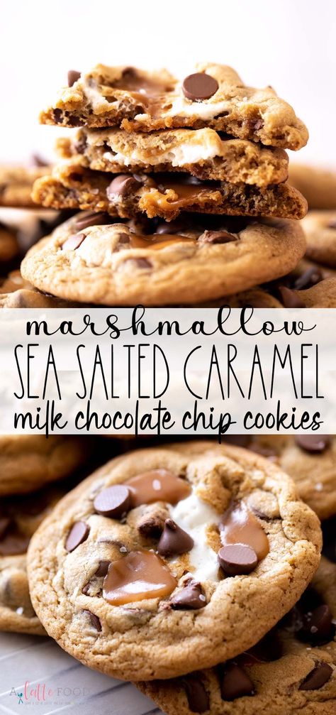 These Salted Caramel Chocolate Chip Cookies are stuffed with soft caramel candies and gooey marshmallows. These sea salted chocolate chip cookies with caramel are buttery and soft! Caramel Cookies Recipes, Salted Caramel Chocolate Chip Cookies, Marshmallow Caramel, Chocolate Chip Marshmallow Cookies, Desserts With Chocolate Chips, Cookies Jar, Milk Chocolate Chip Cookies, Salted Chocolate Chip Cookies, Salted Caramel Cookies