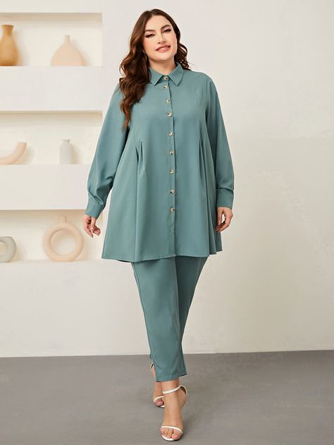 Cadet Blue Casual Collar Long Sleeve  Plain  Embellished Non-Stretch  Women Plus Clothing Long Shirt Patterns For Women, Cadet Blue Outfit, Plain Coord Sets For Women, Plain Kurta Designs For Women, Coordsets For Women, Naqab Design, Collar Shirt Design, Plus Size Outfit Inspiration, Elegant Lace Tops