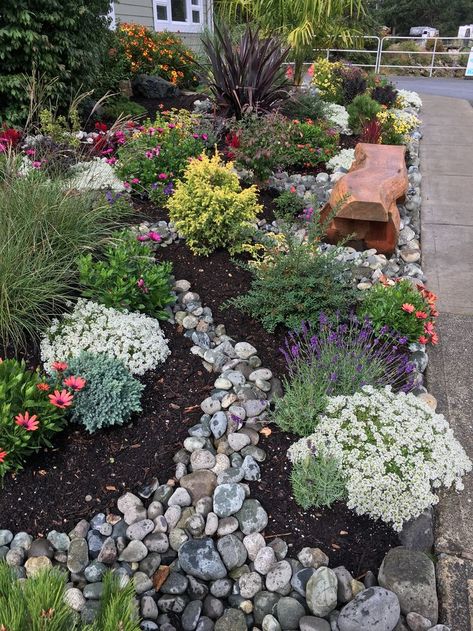 Rock Front Yard Landscaping Curb Appeal, Backyard Xeriscape Ideas, Xeriscape Front Yard, River Rock Garden, Mulch Landscaping, Stone Landscaping, Small Front Yard Landscaping, Rock Garden Design, Front Yard Garden Design