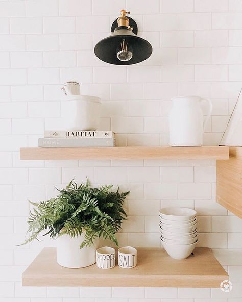 White Oak Shelves, Top Kitchen Colors, Bank Project, Diy Open Shelving, Kitchen Open Shelves, Kitchen Floating Shelves, White Oak Kitchen, Oak Floating Shelves, Airbnb Design