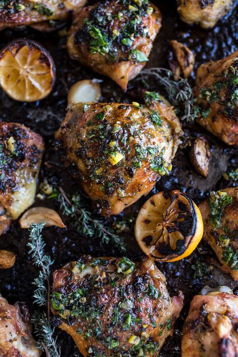 Garlic Butter Roasted Chicken Thighs with Charred Lemon Salsa Verde + Asparagus | halfbakedharvest.com @hbharvest Butter Roasted Chicken, Charred Lemon, Half Baked Harvest Recipes, Tropical Food, Roasted Chicken Thighs, Harvest Recipes, Half Baked, Half Baked Harvest, Salsa Verde