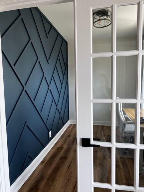 Navy Blue Accent Wall Hallway, Navy Textured Wall, Navy Blue Slat Wall, Navy Accent Wall Basement, Blue Accent Wall Hallway, Dark Teal Accent Wall Office, Deep Blue Accent Wall Master Bedrooms, Dining Room Navy Accent Wall, Gray With Navy Accent Wall