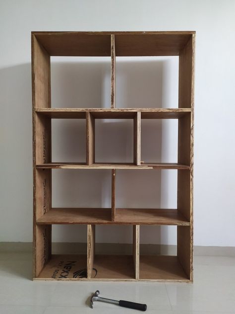 This is my first DIY. Made up of 1 single 8*4 plywood sheet. Plywood Diy, Plywood Projects, Bookcase Diy, Plywood Shelves, Bookcase Design, House Bedroom, Plywood Sheets, Diy Small, Shelf Unit